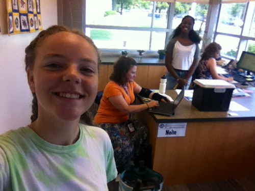 Sophomores Rebecca and Elle pay teacher Jennifer Burnett and secretary Mallory Nolte a visit  in the front office Friday.